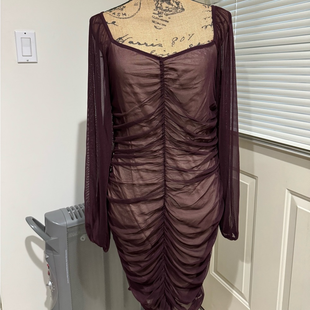 Gorgeous whimsygoth plum/maroon/burgundy sheer ruched dress with flowy sleeves🌹